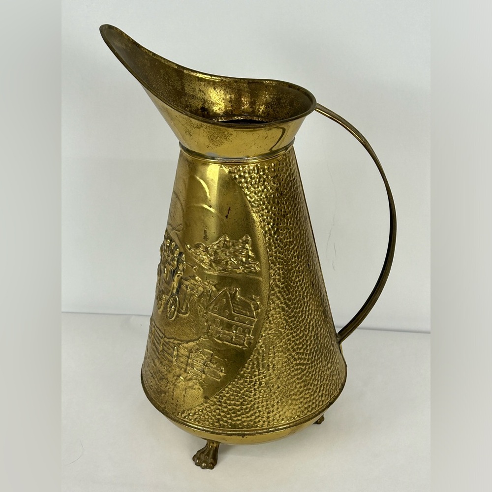 Vintage gold hammered metal decorative pitcher with horse and carriage scene
